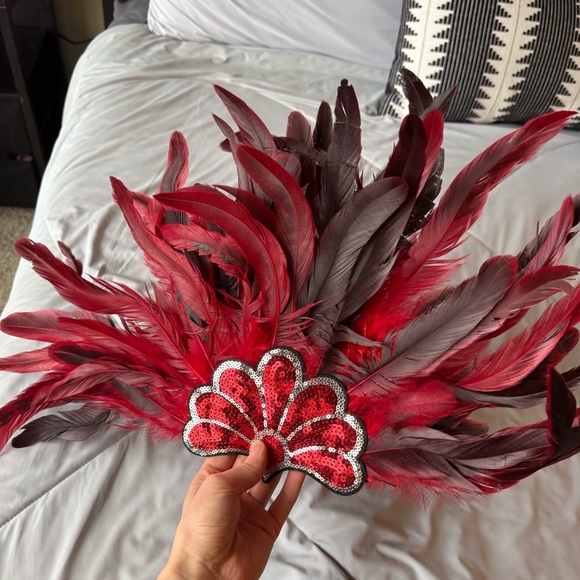 Red Feathered Costume Set Head Piece Sequins and Feathered Skirt Wrap Tie - Picture 5 of 9